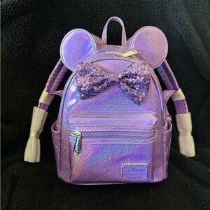 Loungefly Disney Minnie Mouse Purple Holographic + Sequin Bow Mini Backpack